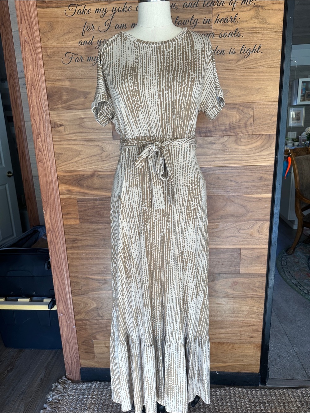 new directions Neutral Beige Tie-Waist Maxi Dress with Subtle Stripe Print